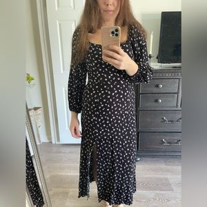 SANCTUARY MIDI DRESS BLACK WITH PINK FLORAL PATTERN AND SLIT